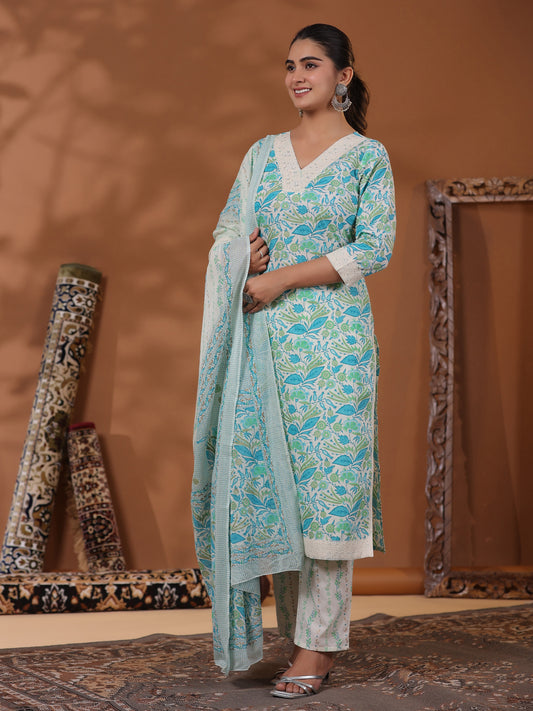 Floral Printed Sequins & Beads Embellished Kurta with Pants & Dupatta - Off White & Blue