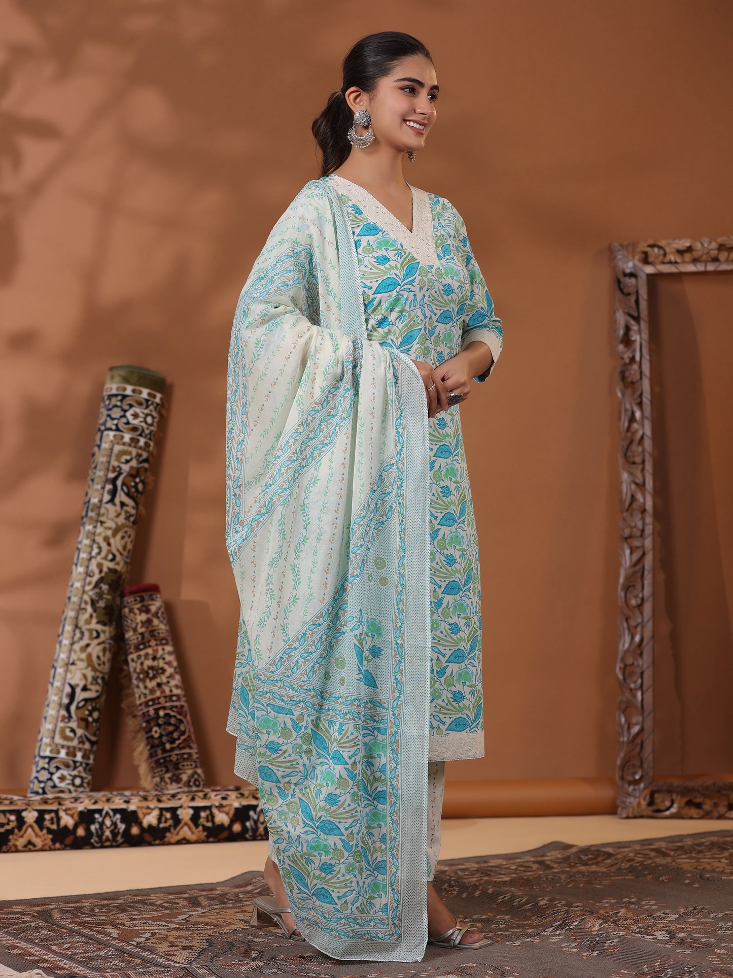 Floral Printed Sequins & Beads Embellished Kurta with Pants & Dupatta - Off White & Blue