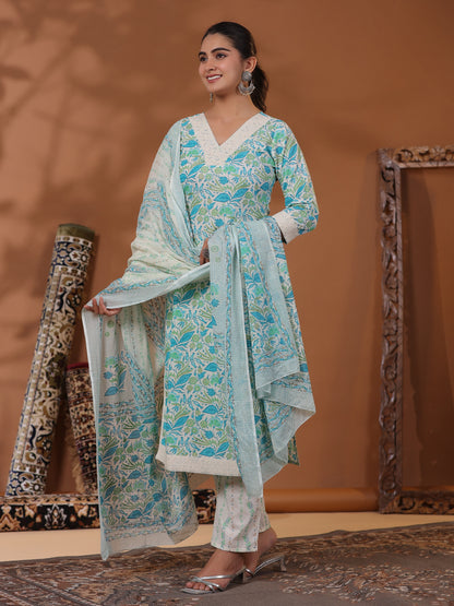 Floral Printed Sequins & Beads Embellished Kurta with Pants & Dupatta - Off White & Blue