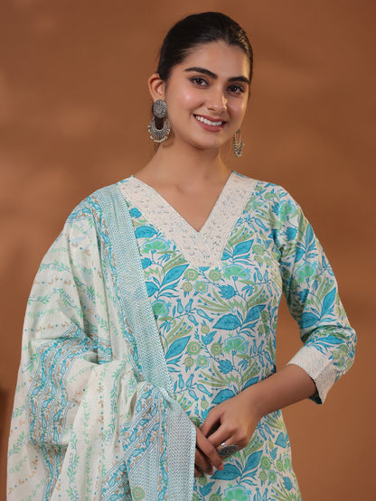 Floral Printed Sequins & Beads Embellished Kurta with Pants & Dupatta - Off White & Blue