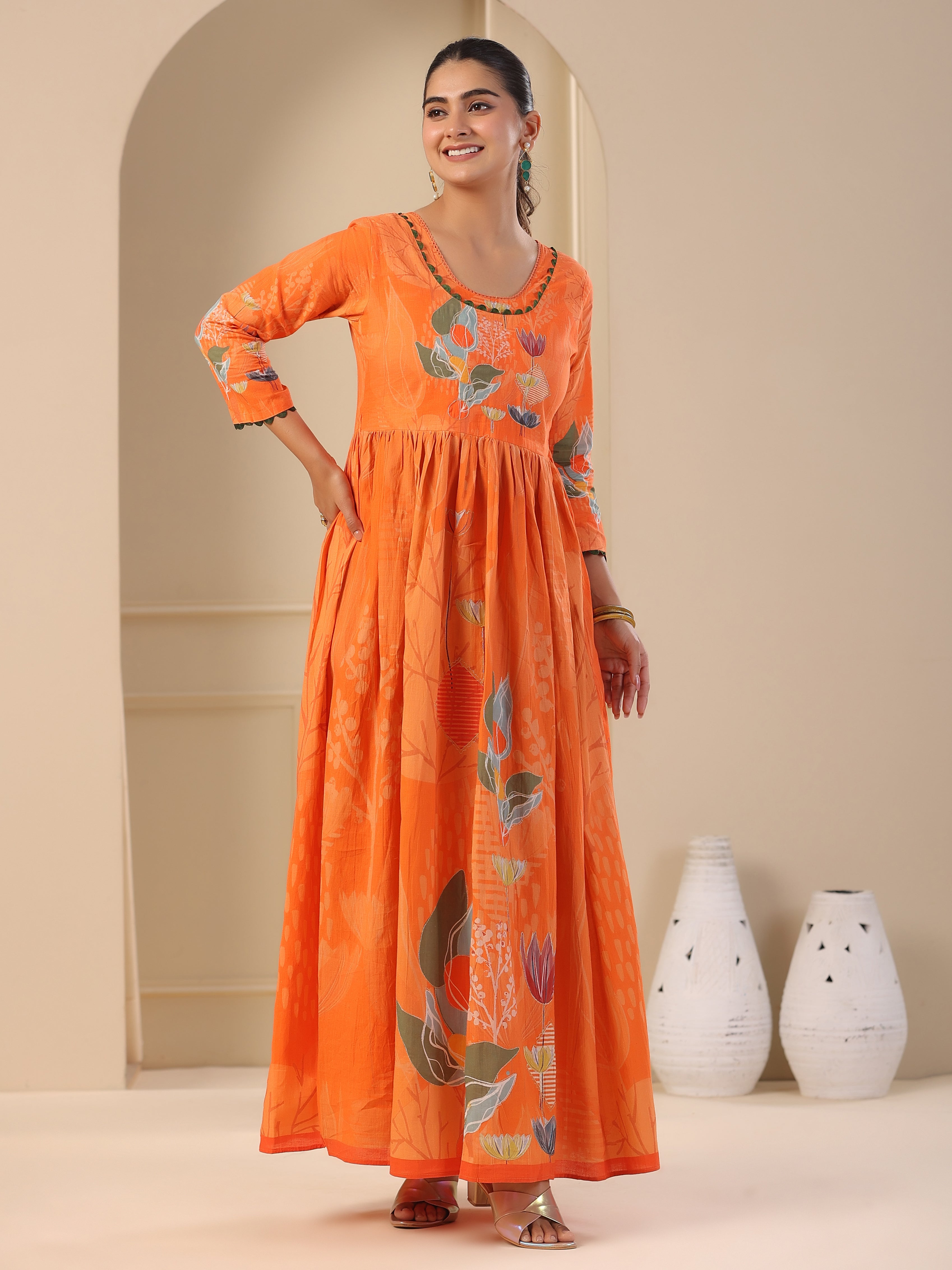 Abstract Floral Printed Zari Embellished Pleated Maxi Dress Orange FASHOR