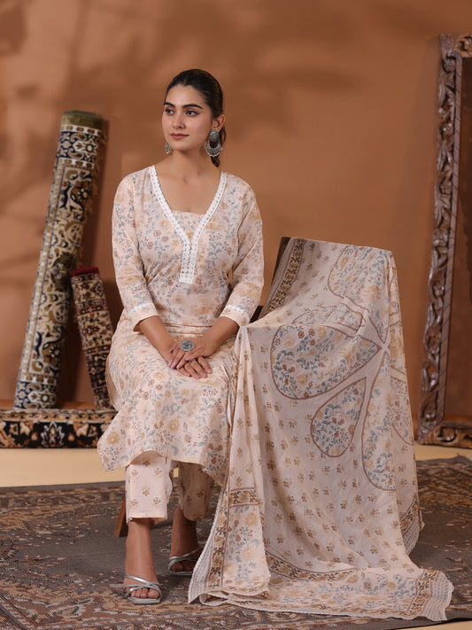 Floral Printed Scallop Lace Embellished Kurta with Pants & Dupatta - Light Peach