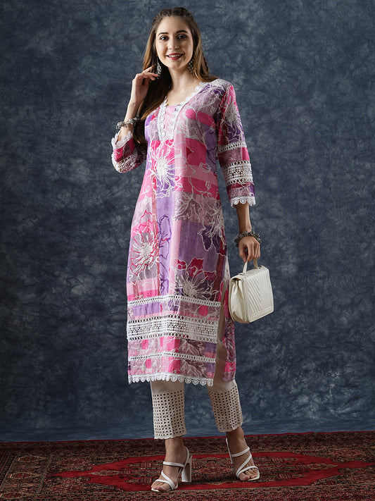 Abstract Floral Printed Straight Fit Kurta - Pink