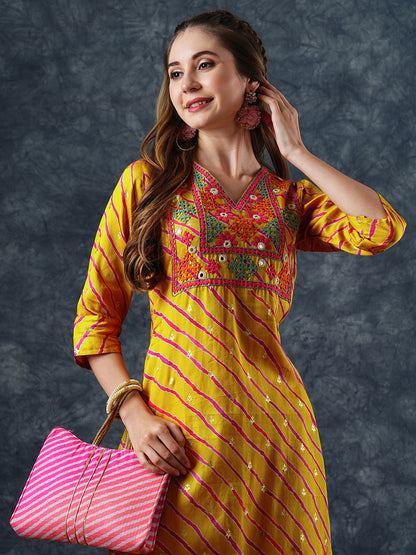 Lehriya Printed Mirror & resham Hand Embroidered Kurta - Yellow