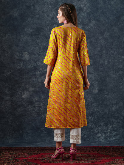 Lehriya Printed Mirror & resham Hand Embroidered Kurta - Yellow