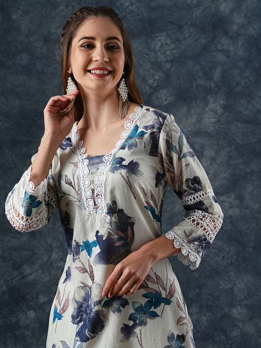 Abstract Floral Printed Straight Fit Kurta - Off White