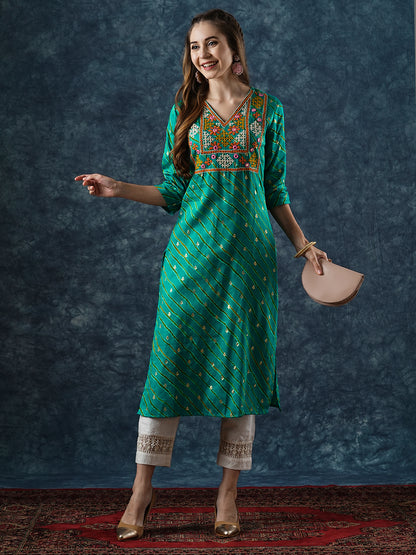 Lehriya Printed Mirror & resham Hand Embroidered Kurta - Sea Green