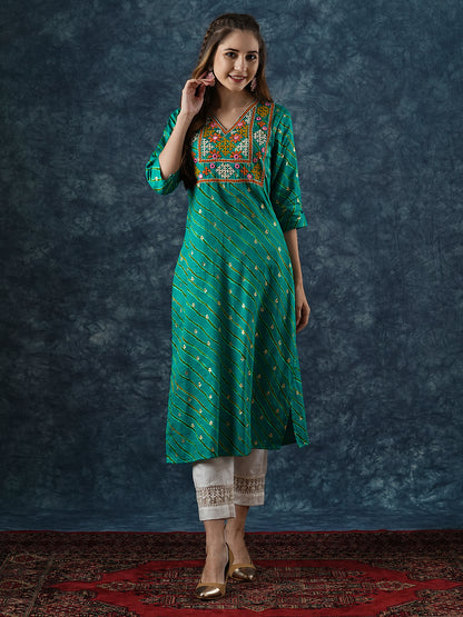 Lehriya Printed Mirror & resham Hand Embroidered Kurta - Sea Green