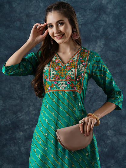 Lehriya Printed Mirror & resham Hand Embroidered Kurta - Sea Green