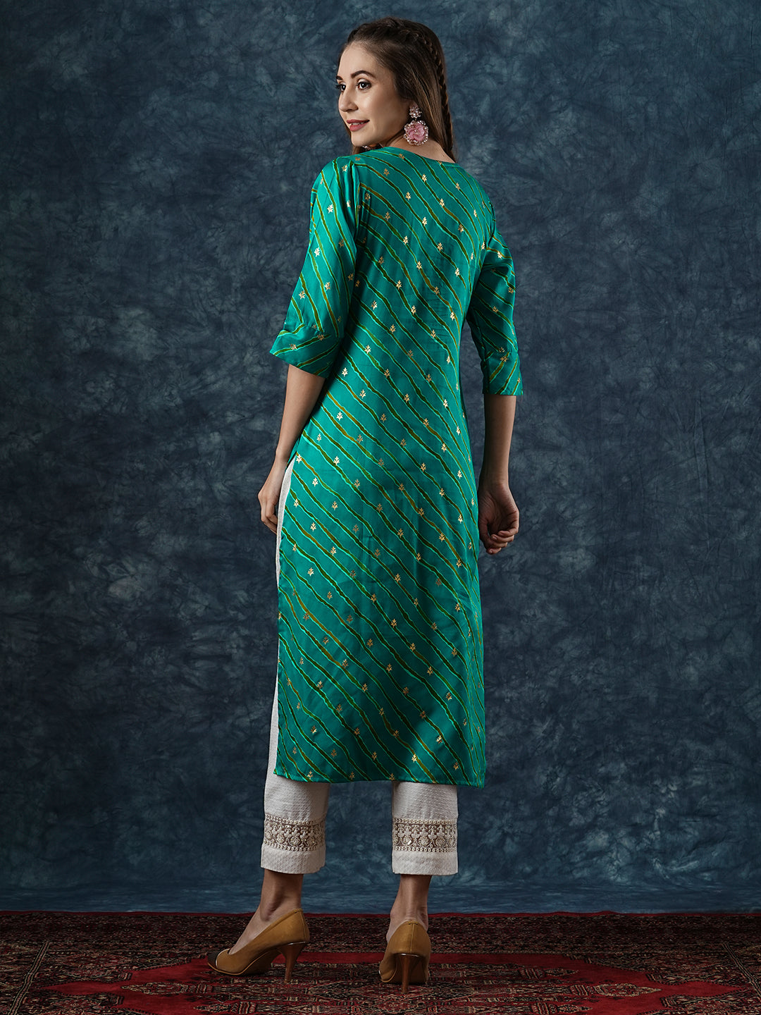 Lehriya Printed Mirror & resham Hand Embroidered Kurta - Sea Green