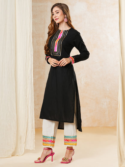 Solid Gota Embroidered Straight High-Low Kurta with Palazzo - Black