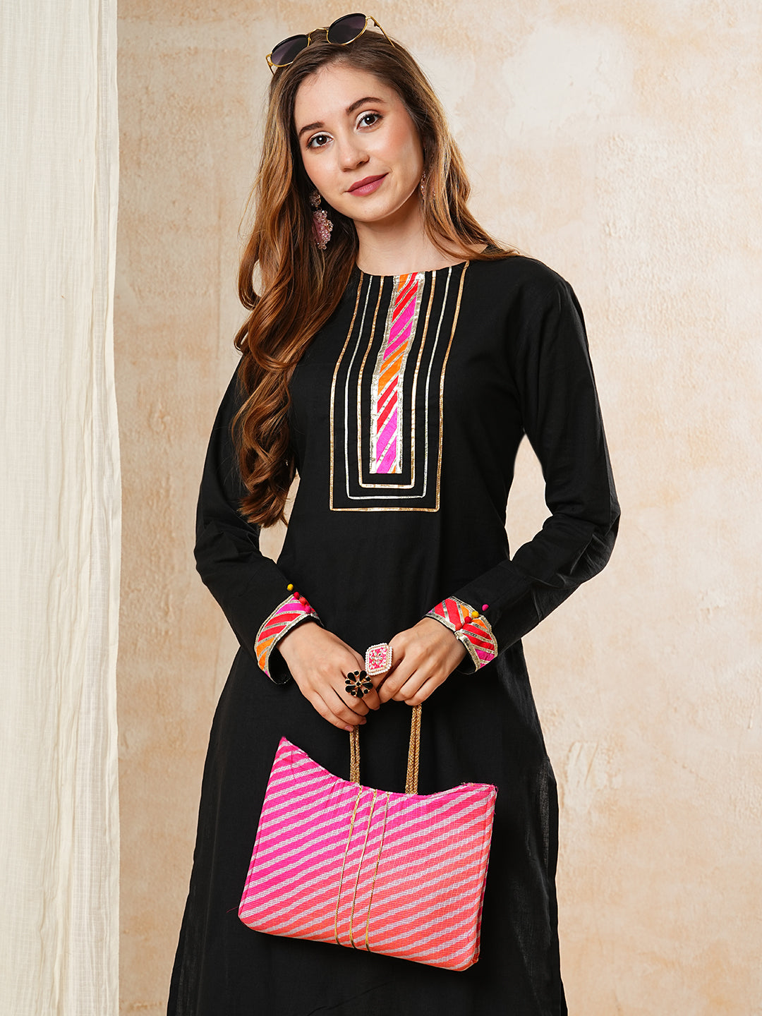 Solid Gota Embroidered Straight High-Low Kurta with Palazzo - Black