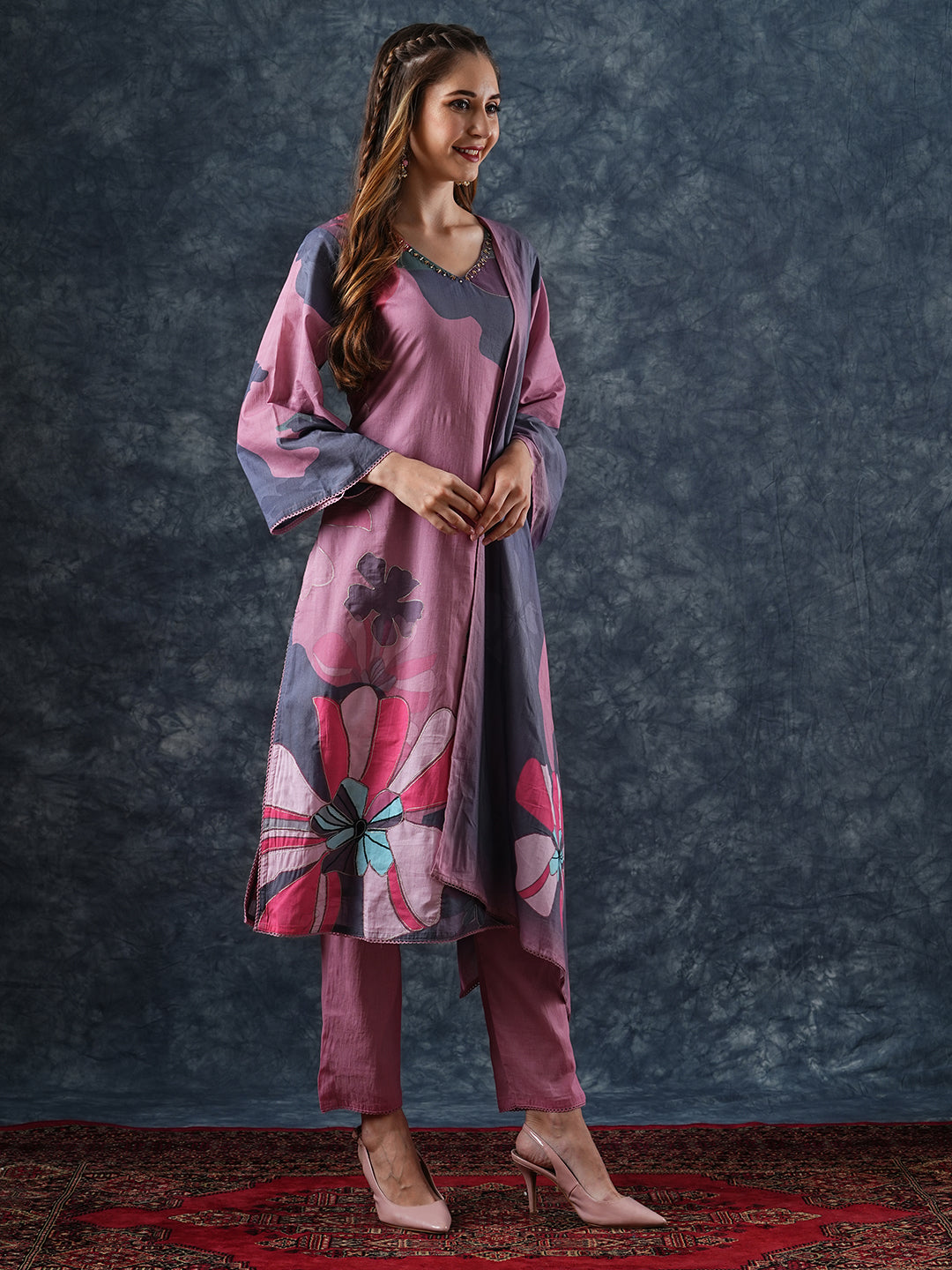 Abstract Printed Zari & Cutdana Embroidered Kurta with Pants & Dupatta - Pink