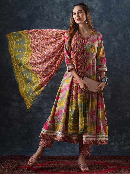 Floral Printed & Embroidered Anarkali Kurta with Pant & Pure Cotton Dupatta - Multi