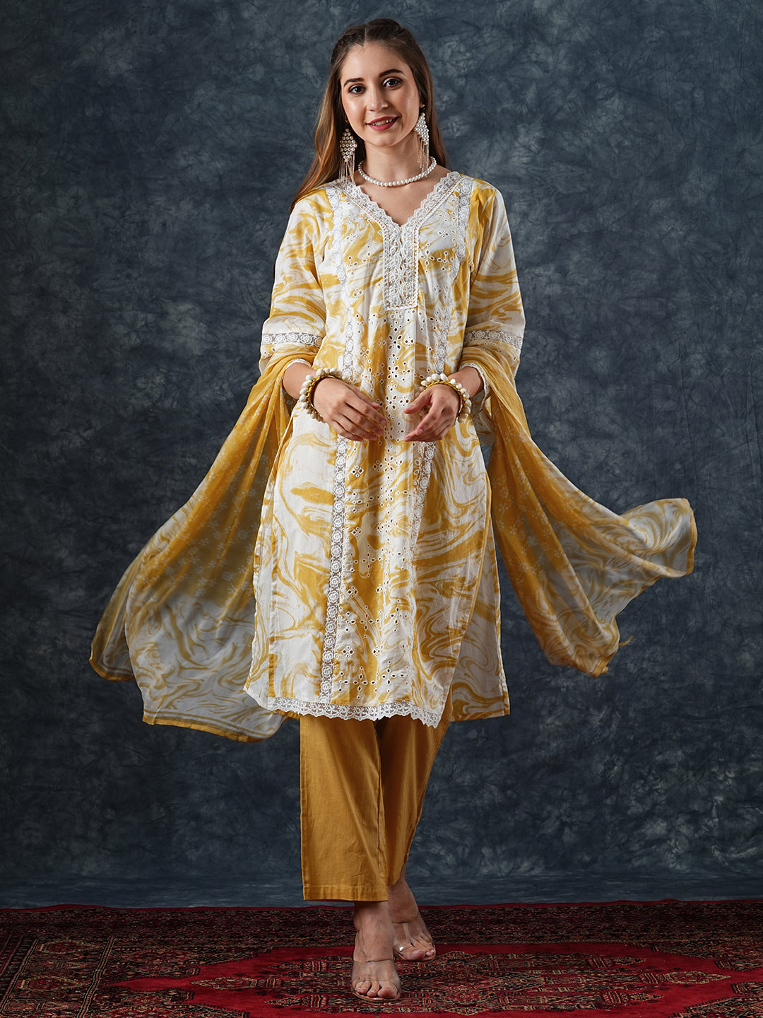 Abstract Printed Schiffili Embroidered Lace Work Kurta with Pants & Dupatta - Yellow