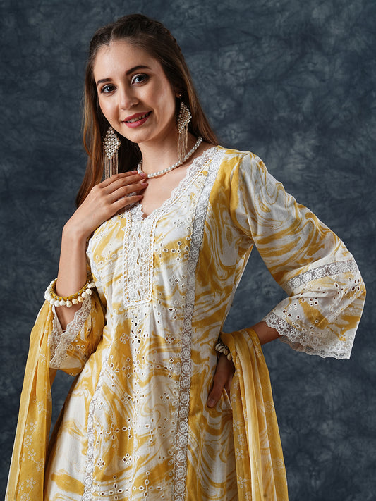 Abstract Printed Schiffili Embroidered Lace Work Kurta with Pants & Dupatta - Yellow
