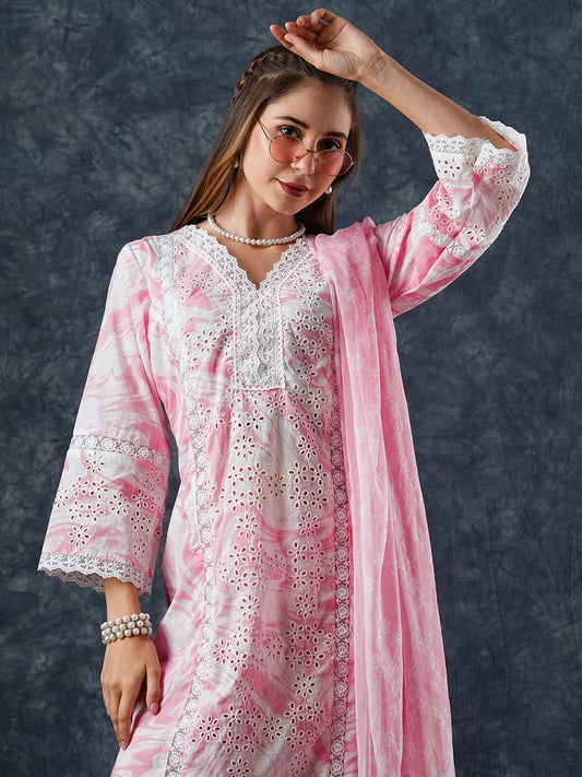 Abstract Printed Schiffili Embroidered Lace Work Kurta with Pants & Dupatta - Pink