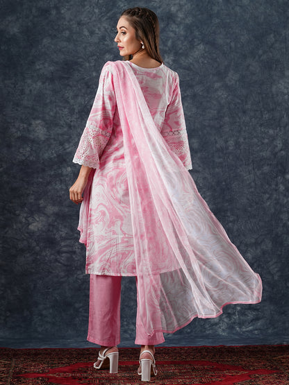 Abstract Printed Schiffili Embroidered Lace Work Kurta with Pants & Dupatta - Pink