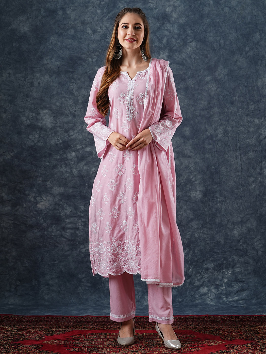 Solid Resham Embroidered Kurta with Pants & Dupatta - Light Pink