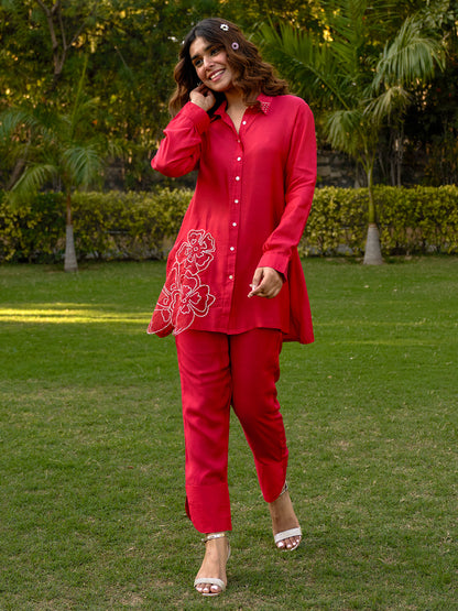 Solid Sequins & Zari Embroidered Shirt With Pants Co-ord Set - Red