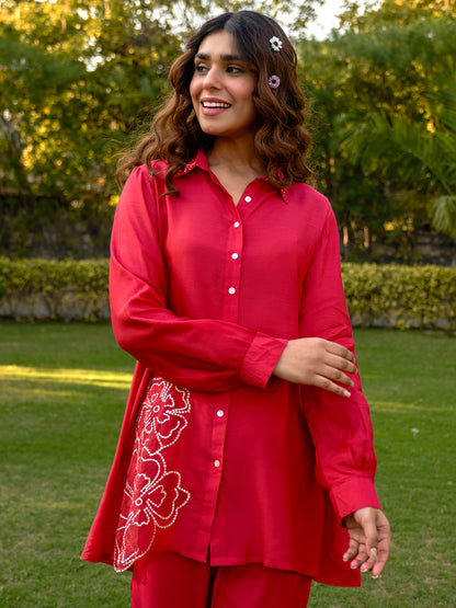 Solid Sequins & Zari Embroidered Shirt With Pants Co-ord Set - Red