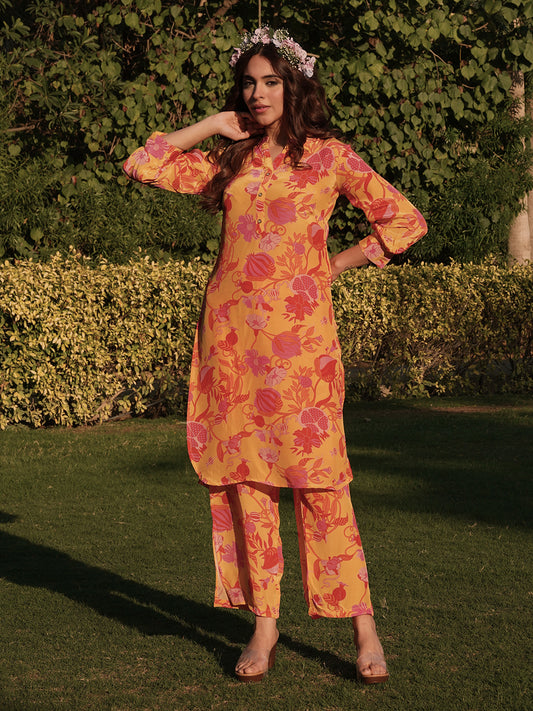 Floral Printed Straight Fit Kurta with Pant - Yellow