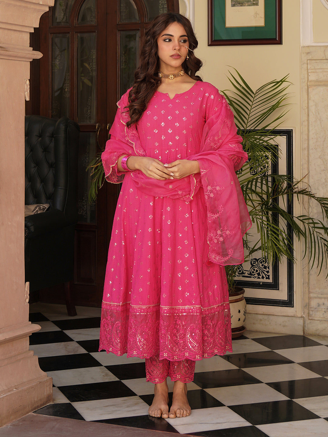 Solid Sequins & Resham Embroidered Anarkali with Pants & Embroidered Dupatta - Pink