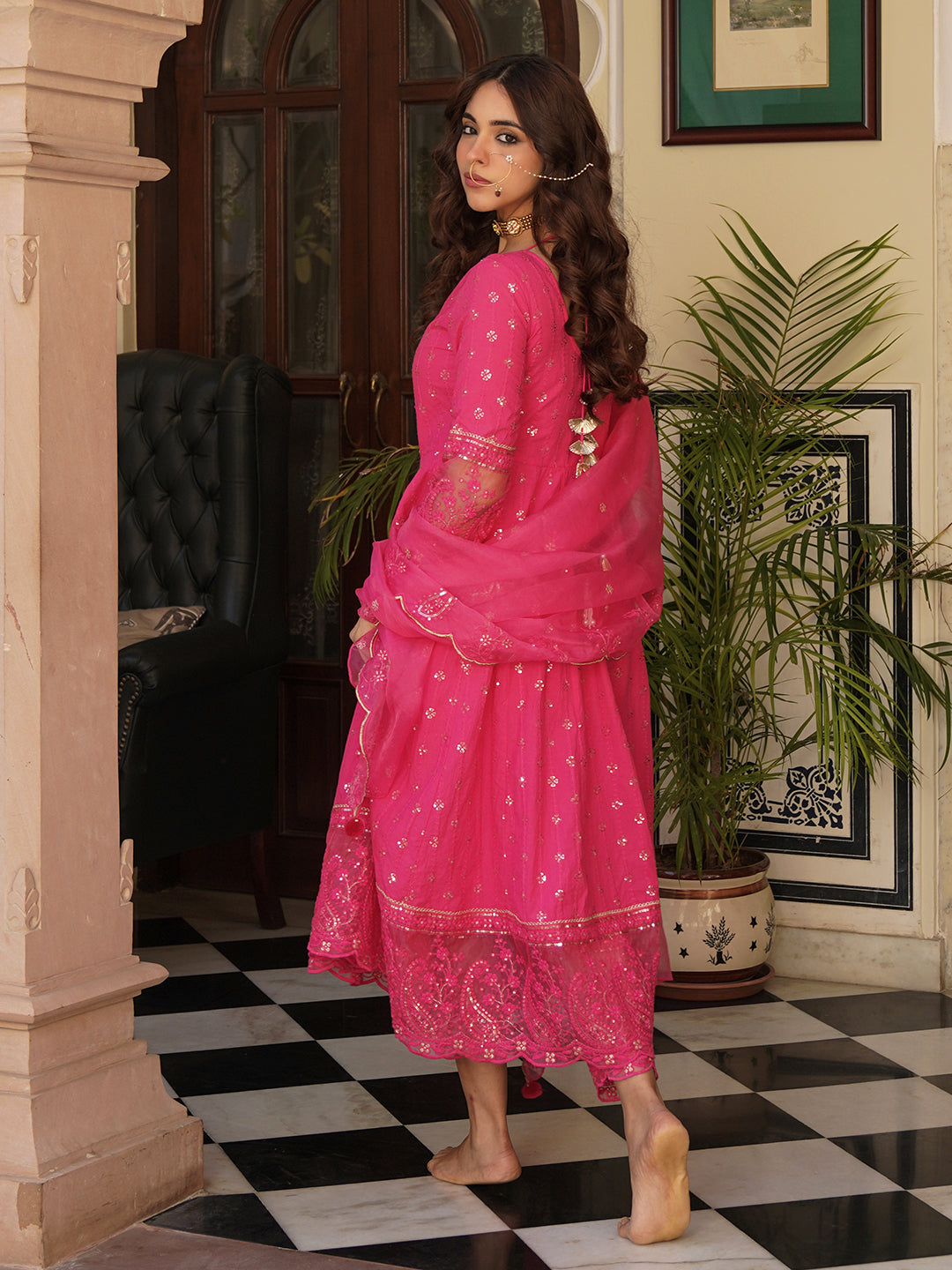 Solid Sequins & Resham Embroidered Anarkali with Pants & Embroidered Dupatta - Pink