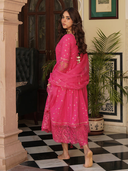 Solid Sequins & Resham Embroidered Anarkali with Pants & Embroidered Dupatta - Pink