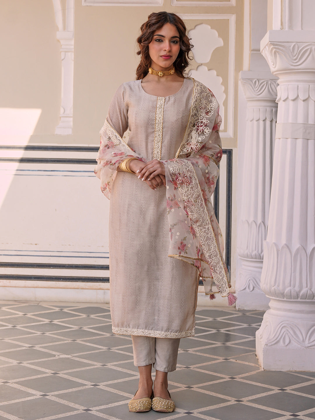 Solid Straight Fit Kurta with Pant & Floral Printed & Embroidered Dupatta - Taupe