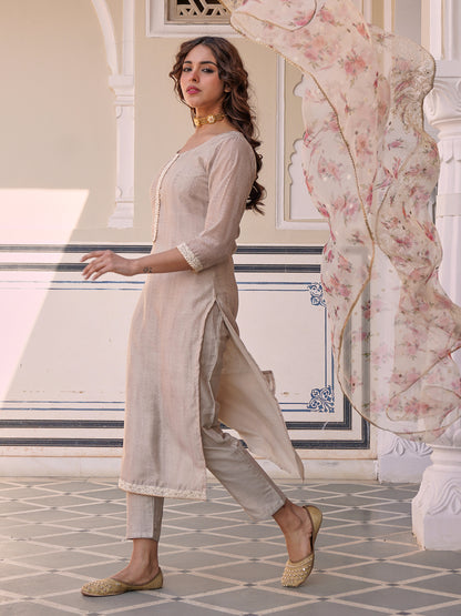 Solid Straight Fit Kurta with Pant & Floral Printed & Embroidered Dupatta - Taupe