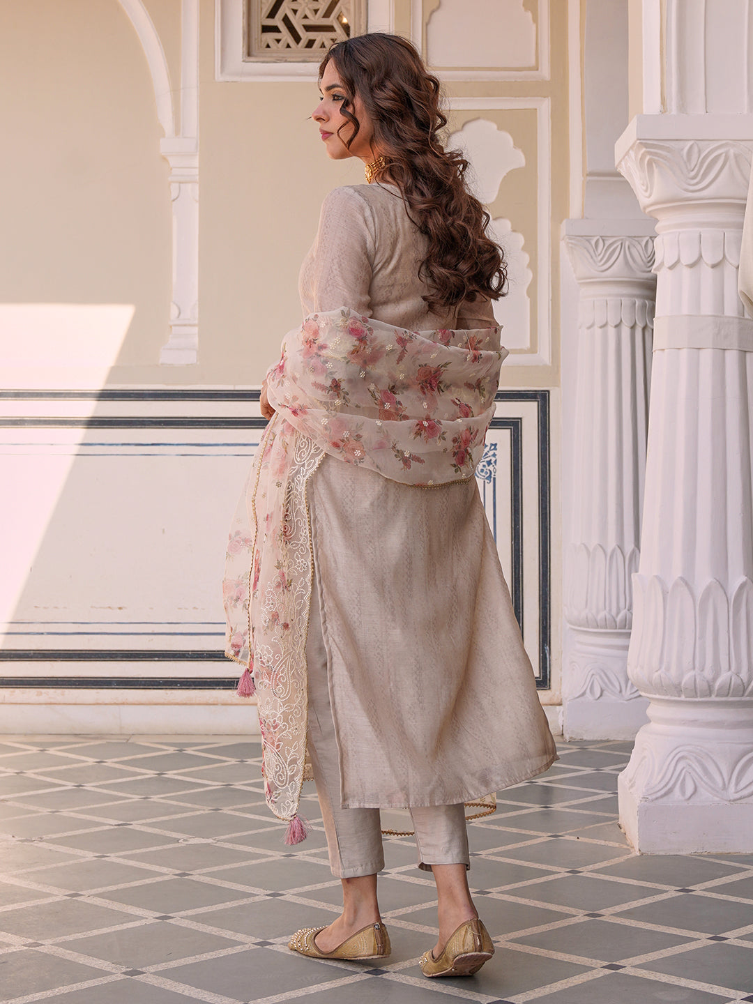 Solid Straight Fit Kurta with Pant & Floral Printed & Embroidered Dupatta - Taupe