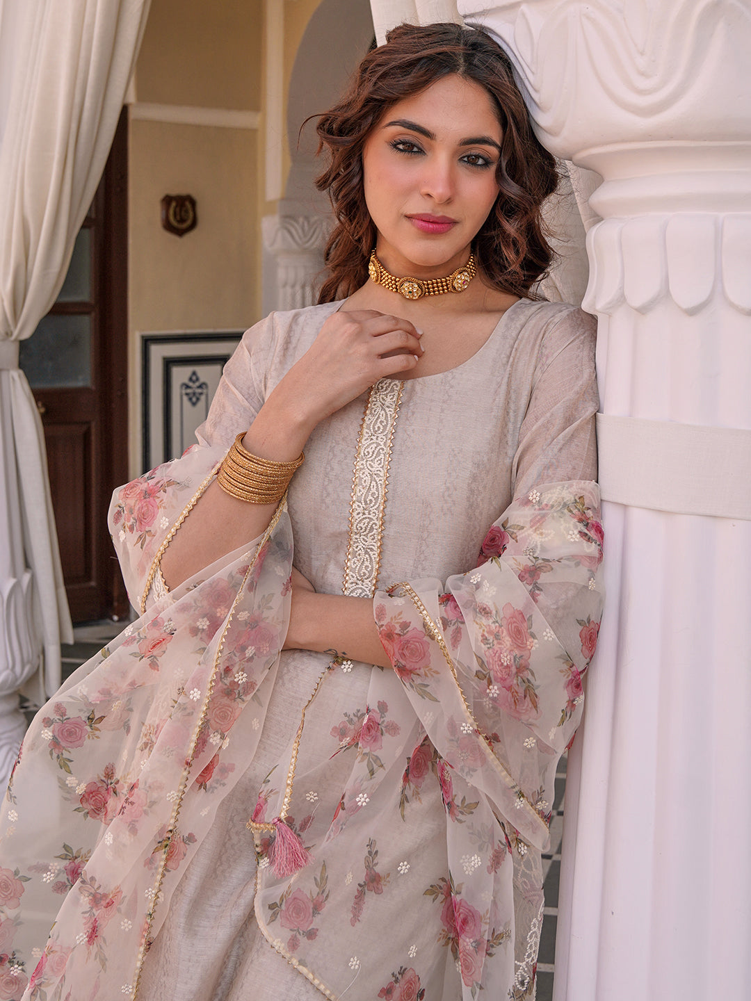 Solid Straight Fit Kurta with Pant & Floral Printed & Embroidered Dupatta - Taupe