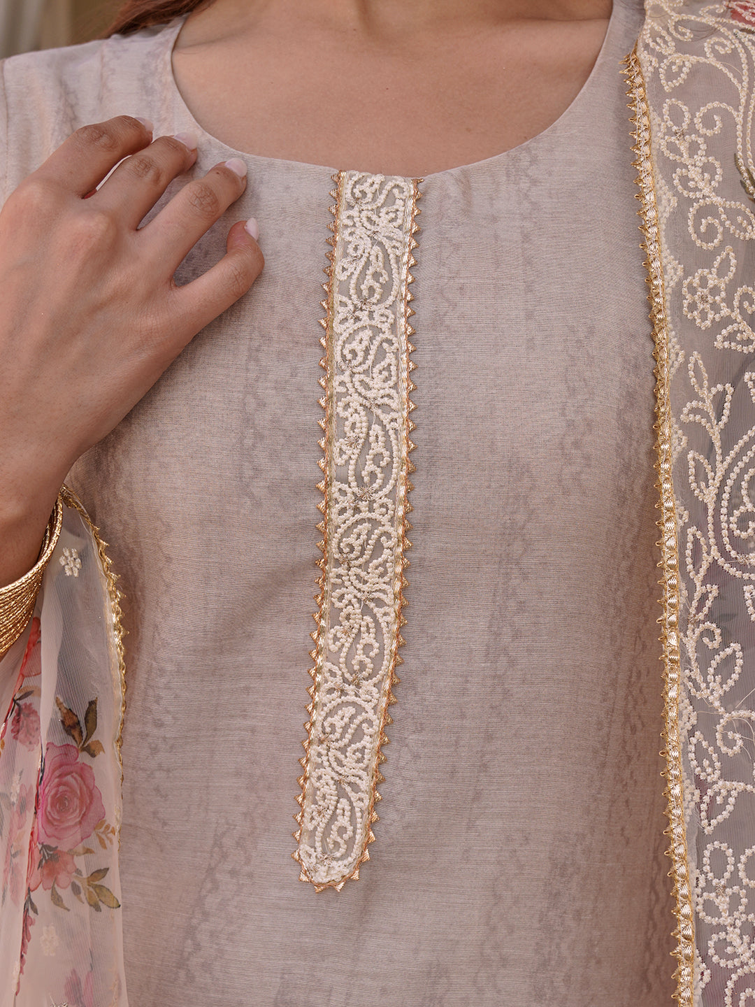 Solid Straight Fit Kurta with Pant & Floral Printed & Embroidered Dupatta - Taupe