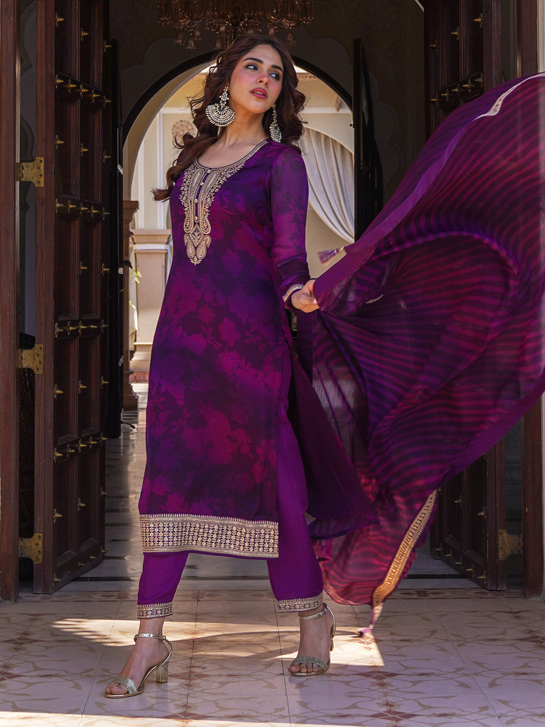 Floral Printed Zari & Sequins Embroidered Kurta with Pants & Dupatta - Purple