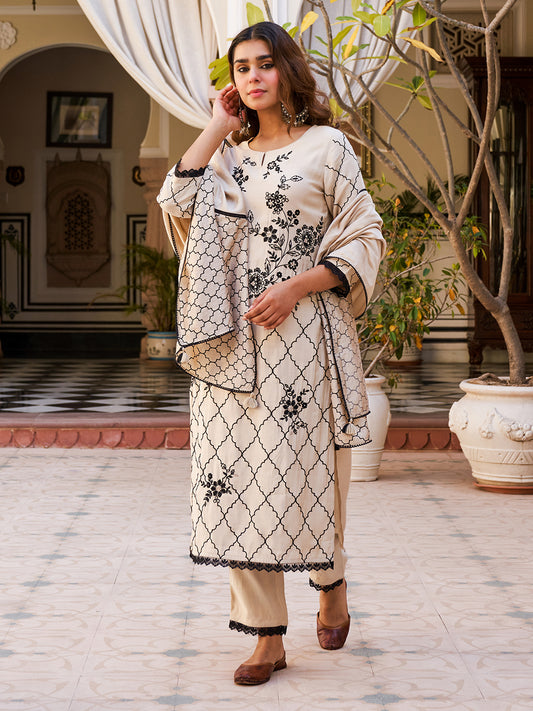Solid Floral Resham Embroidered Straight Kurta with Pant & Dupatta - Beige