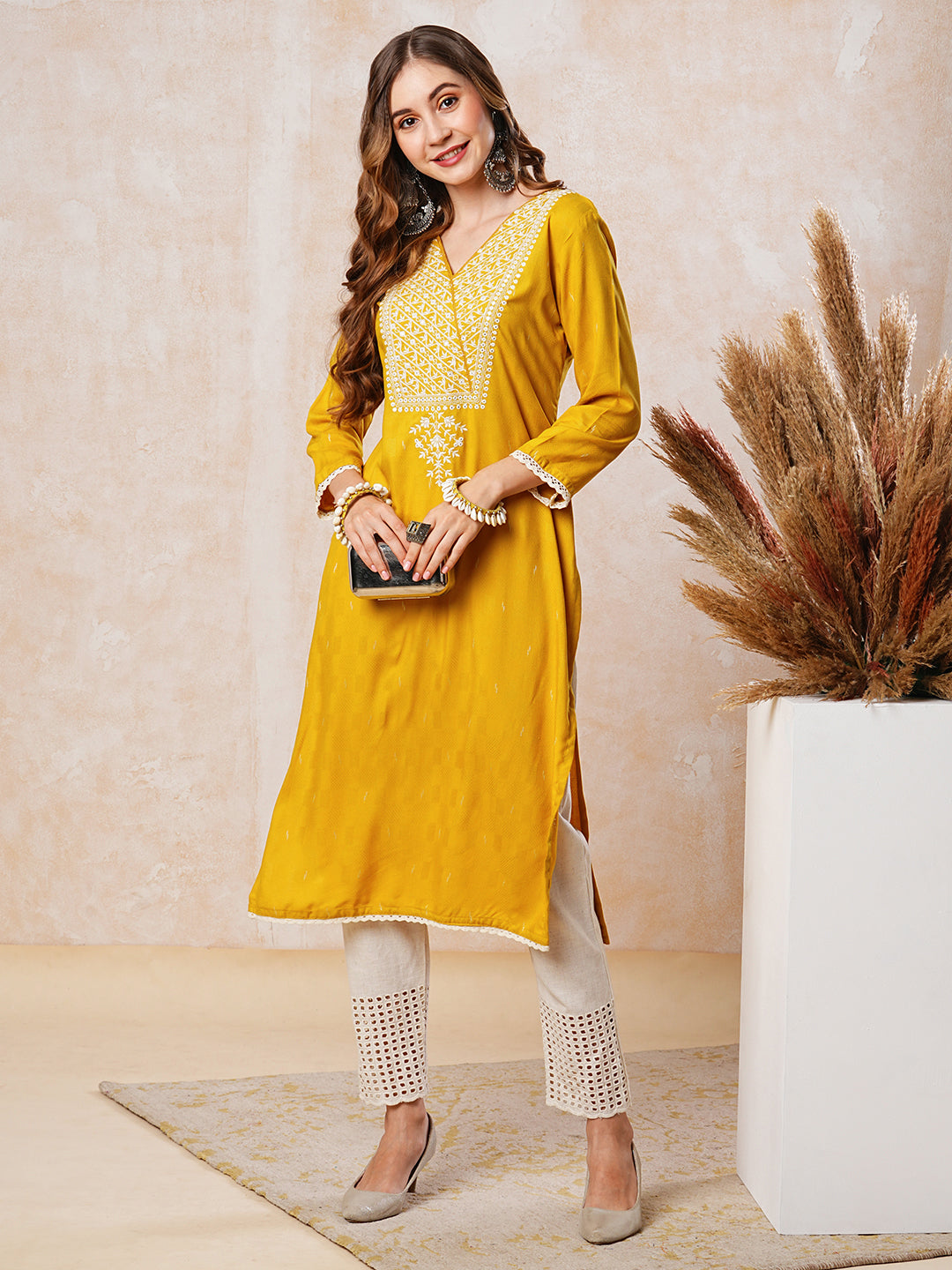 Dobby Design Mirror & Resham Embroidered Kurta - Yellow