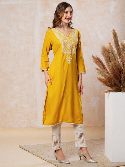 Dobby Design Mirror & Resham Embroidered Kurta - Yellow