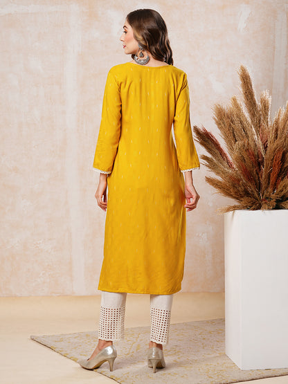 Dobby Design Mirror & Resham Embroidered Kurta - Yellow