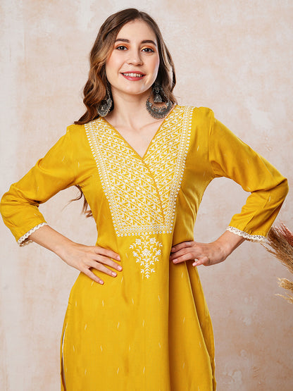 Dobby Design Mirror & Resham Embroidered Kurta - Yellow