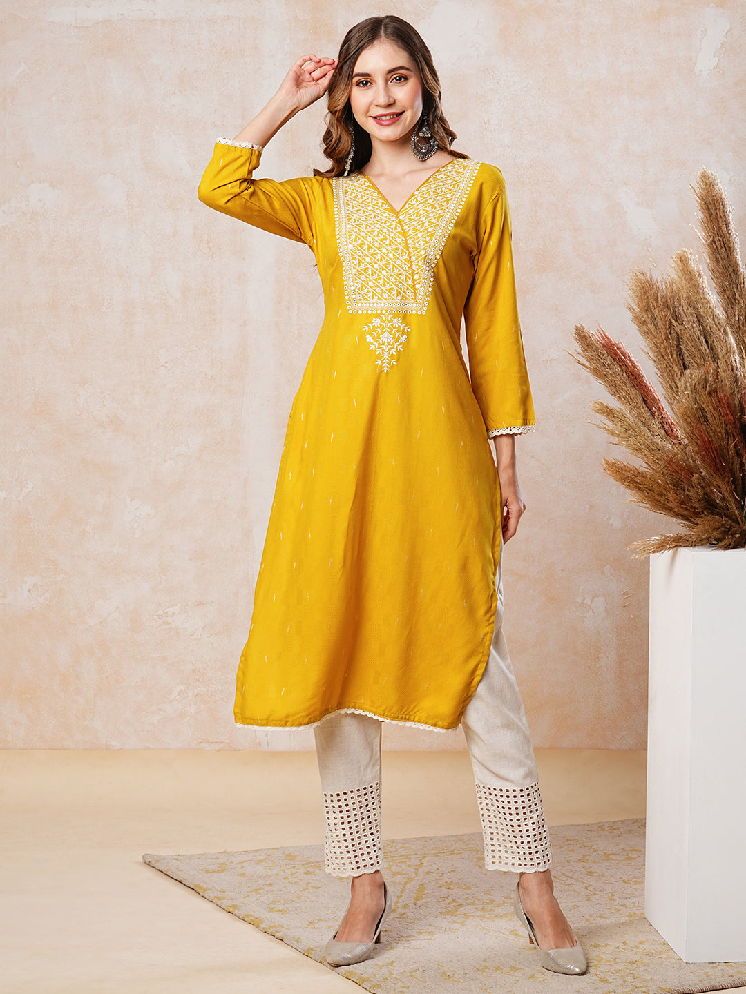 Dobby Design Mirror & Resham Embroidered Kurta - Yellow