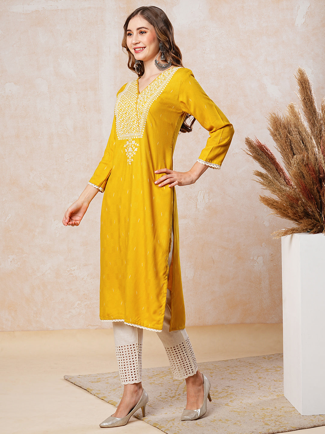 Dobby Design Mirror & Resham Embroidered Kurta - Yellow