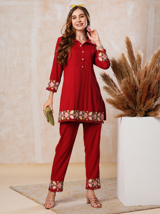 Dobby Striped Mirror & Resham Embroidered Short Kurta with Pants Co-ord Set - Red
