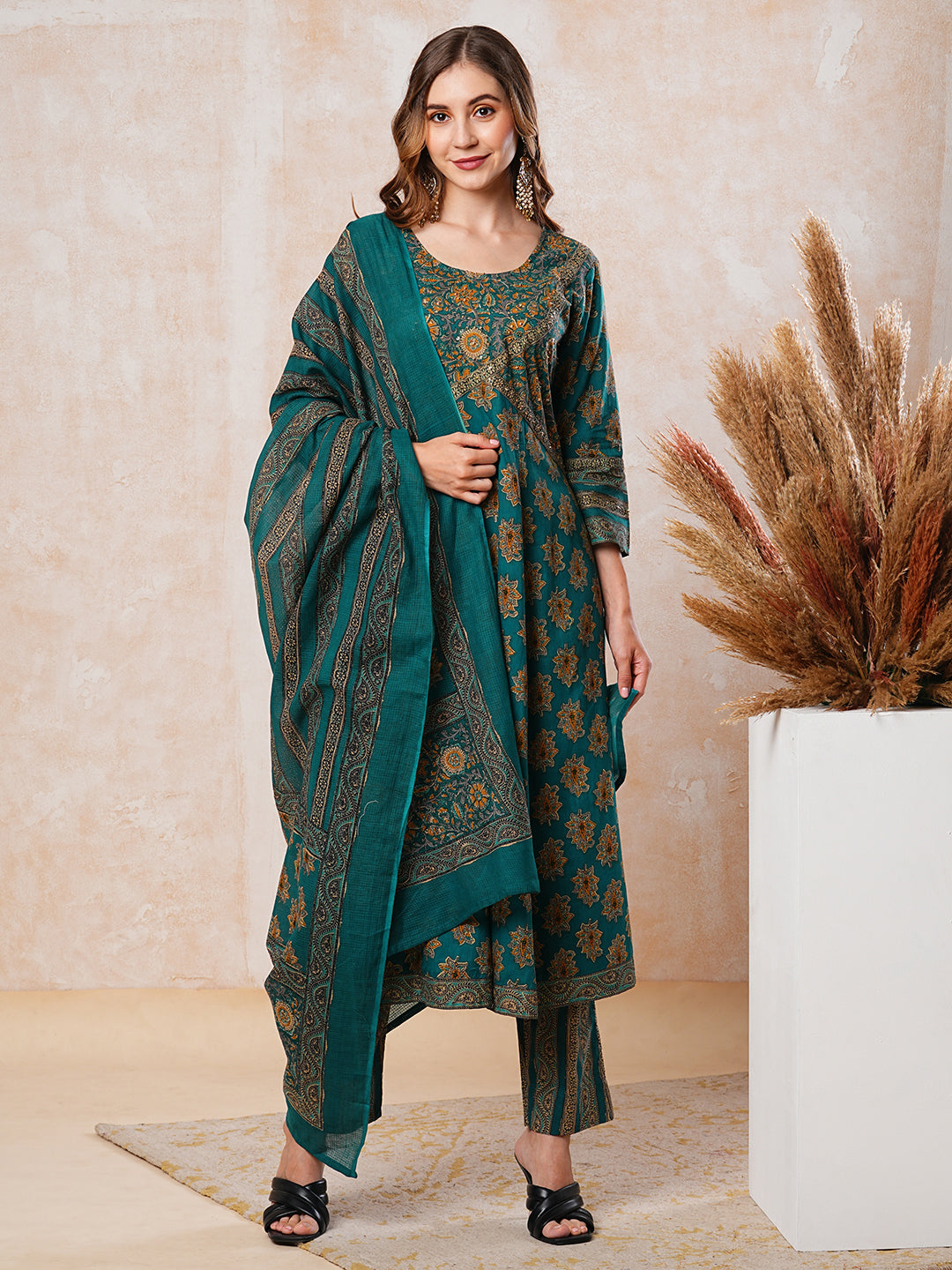 Floral Printed & Embroidered A-Line Flared Kurta with Pant & Dupatta - Green