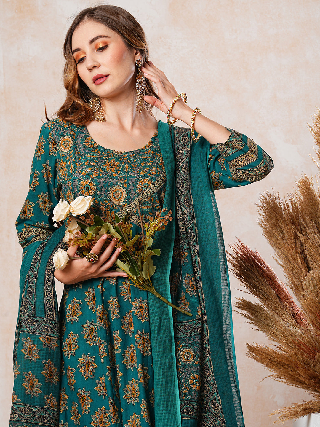 Floral Printed & Embroidered A-Line Flared Kurta with Pant & Dupatta - Green