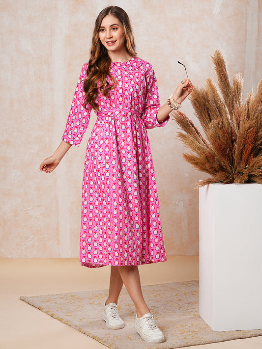 Quirky Penguin Printed A-Line Box - Pleated Midi Dress - Pink