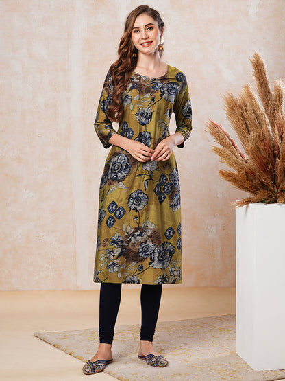 Floral Printed Straight Fit Kurta - Mustard Green