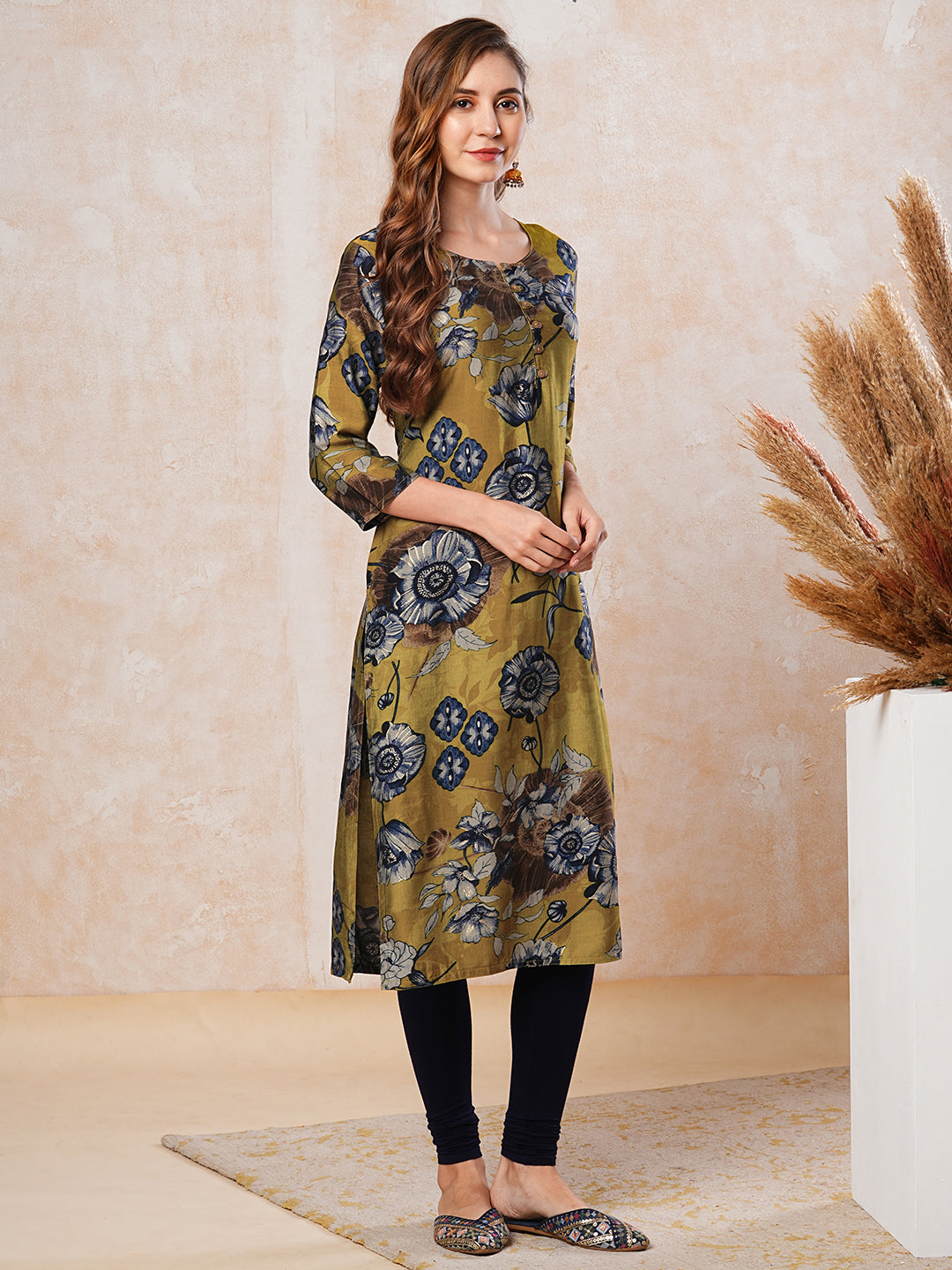 Floral Printed Straight Fit Kurta - Mustard Green