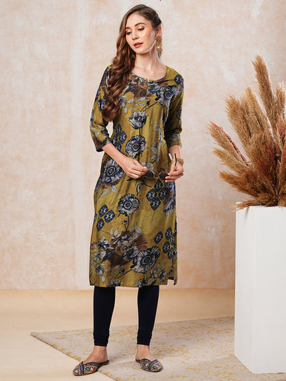 Floral Printed Straight Fit Kurta - Mustard Green