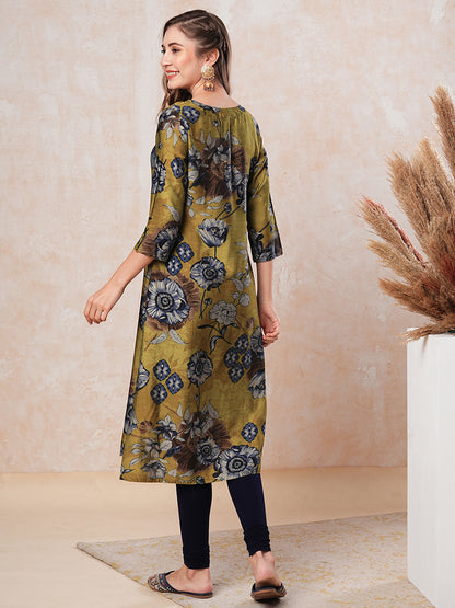 Floral Printed Straight Fit Kurta - Mustard Green